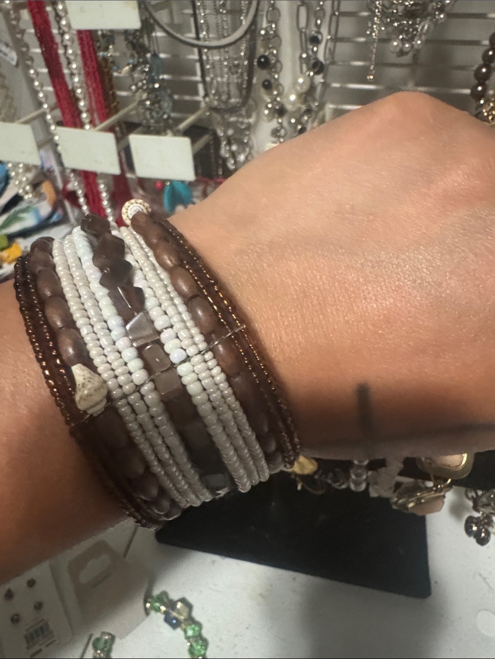 Brown and White Beaded Wrap Bracelet - Women's Jewelry